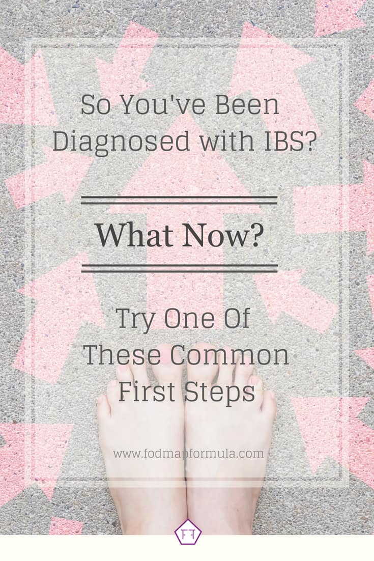 Bare feet surrounded by arrows with text overlay: So you've been diagnosed with IBS. What now? Try one of these common first steps.