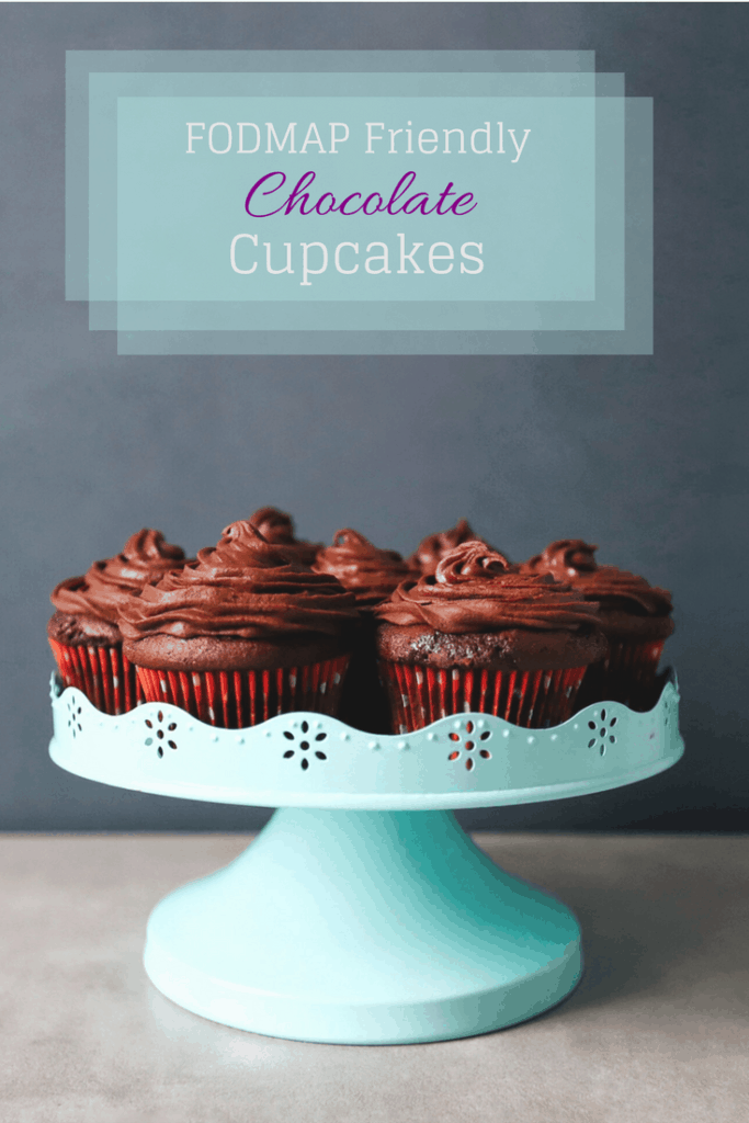 FODMAP friendly chocolate cupcakes with ganesh icing with text overlay: FODMAP friendly chocolate cupcakes