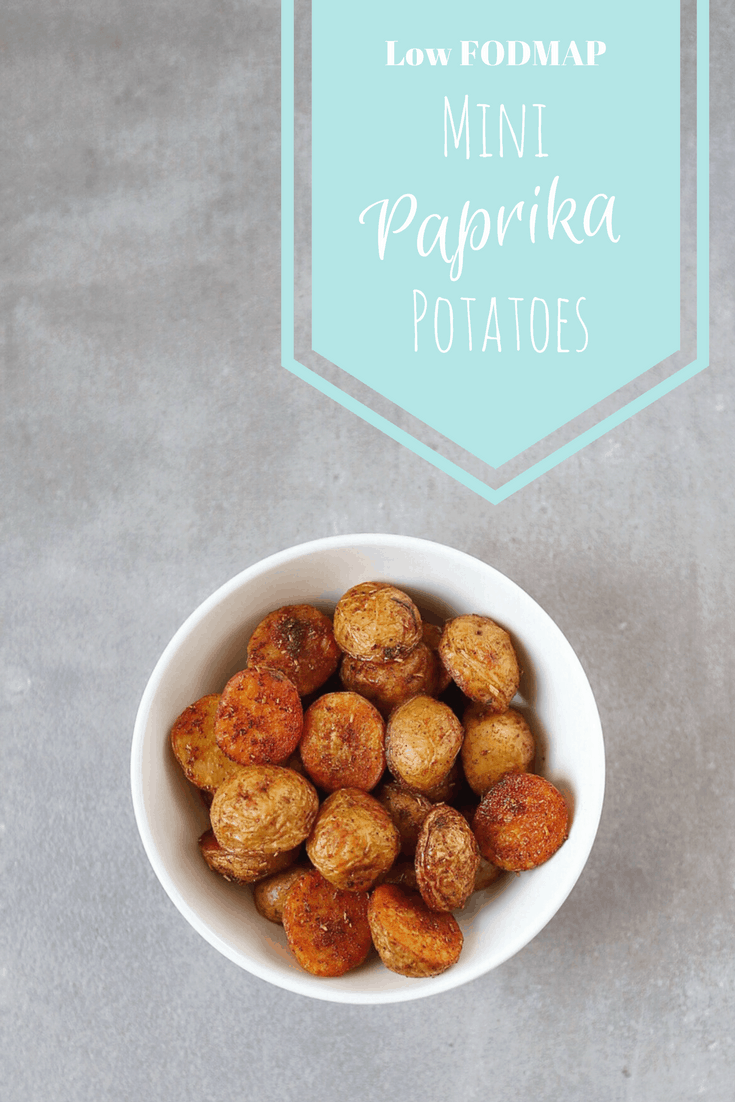 Low FODMAP Mini Paprika Potatoes in bowl with text overlay: Low FODMAP Mini Paprika Potatoes