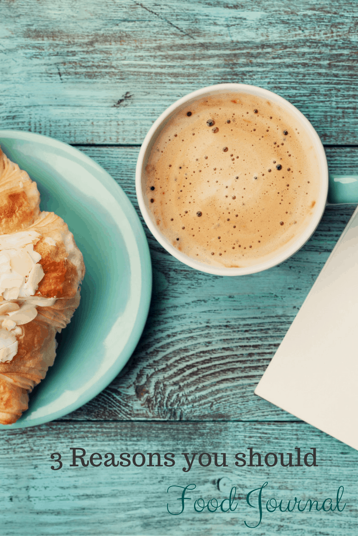 coffee and croissant on table with text overlay: 3 reasons to keep a food journal