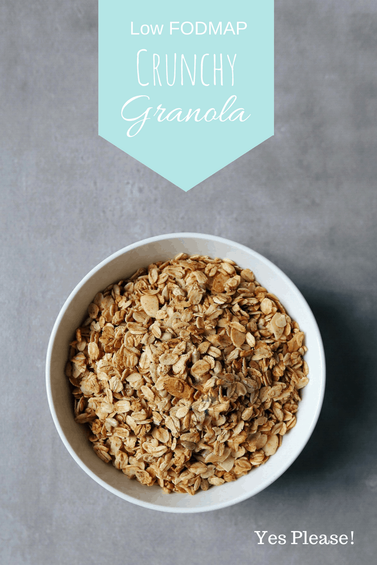 Low FODMAP Crunchy Granola in bowl with text overlay: Low FODMAP Granola, yes please