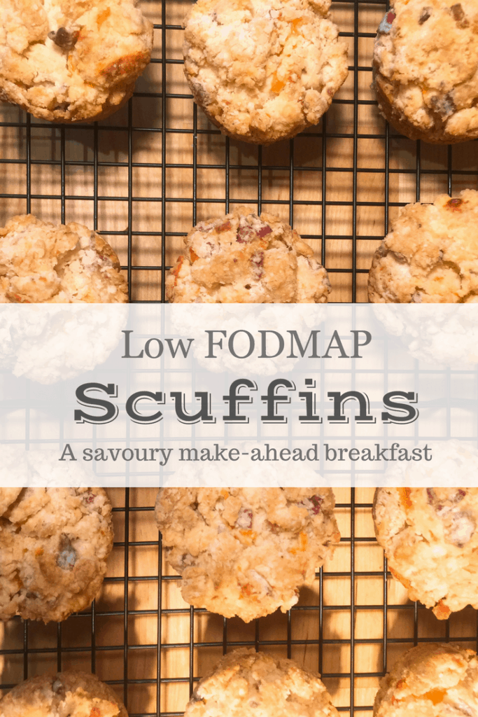 Low FODMAP bacon and cheddar scuffins on wire rack