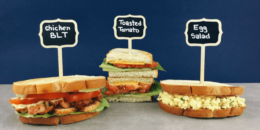 Left to right: low fodmap chicken BLT, toasted tomato, and egg salad sandwich