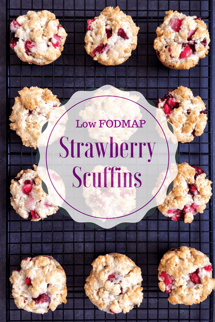 low FODMAP strawberry scuffins on wire rack with text overlay: Low FODMAP strawberry scuffins