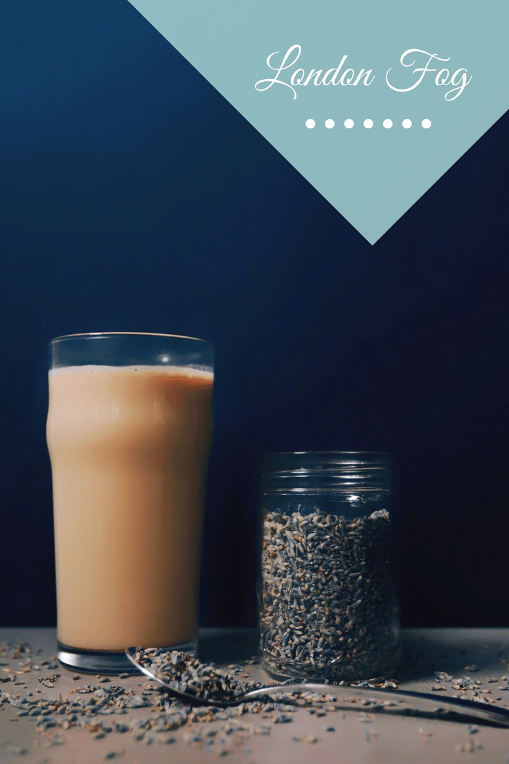 Low FODMAP London Fog in large glass with jar of lavender buds with text overlay: London Fog