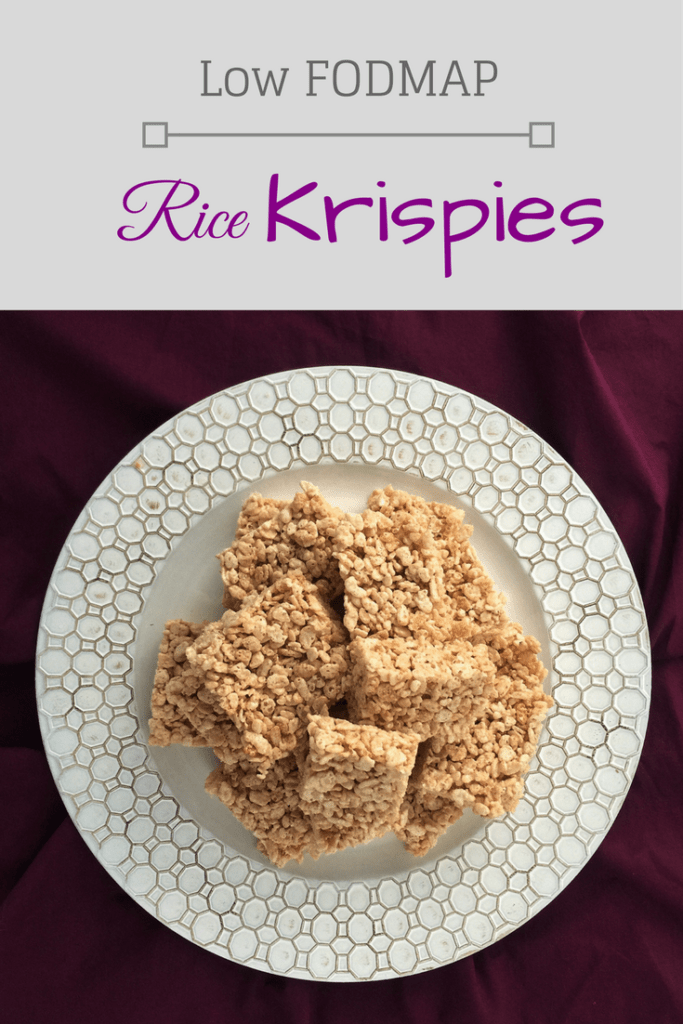 Low FODMAP rice krispies piled on a plate with text overlay - Low FODMAP Rice Krispies
