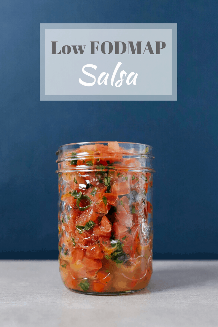 Low FODMAP Salsa in glass jar with text overlay: Low FODMAP Salsa