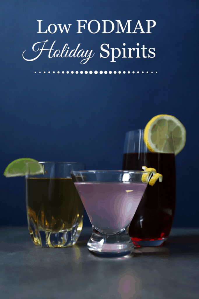 From left to right, rye and ginger, gin and raspberry soda, vodka and cranberry juice with text overlay - Low FODMAP holiday spirits