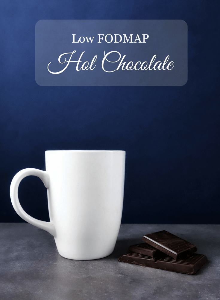 low fodmap hot chocolate in mug with chocolate pieces and text overlay -