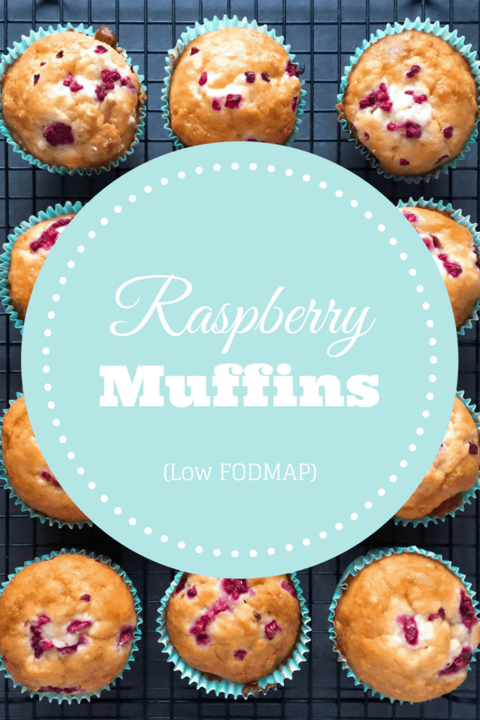 low FODMAP raspberry muffins on wire rack with text overlay saying same