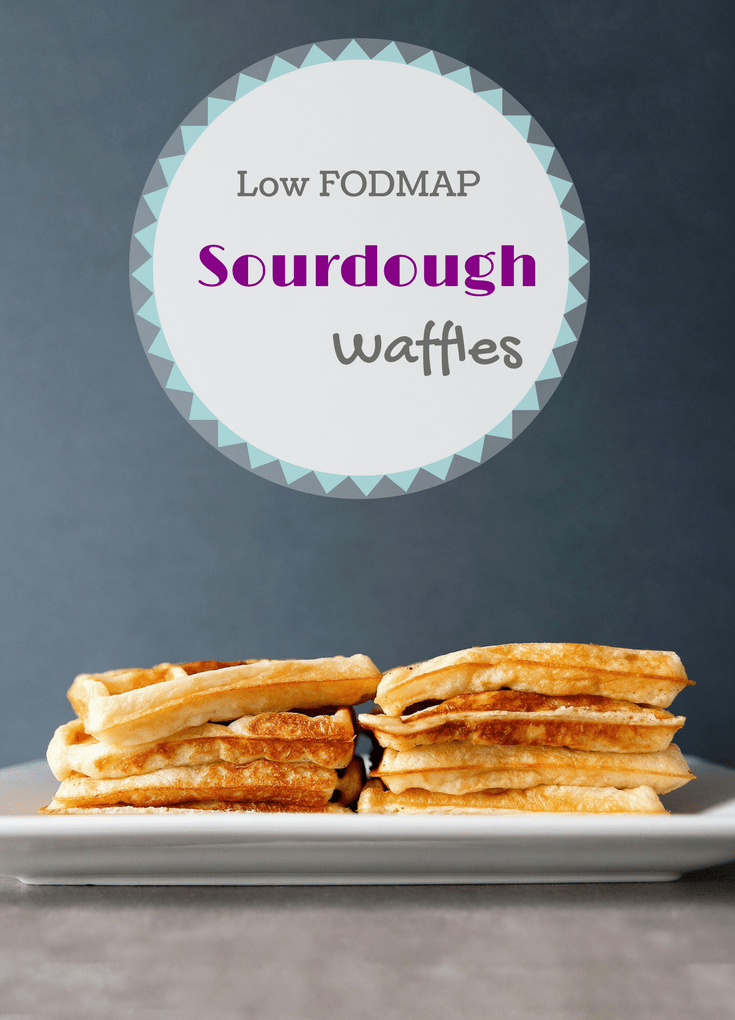 low FODMAP sourdough waffles stacked on plate with text overlay - 