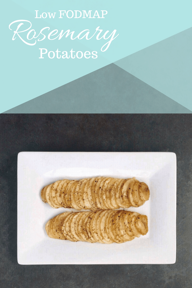 Low FODMAP Rosemary Potatoes on Plate with text overlay: Low FODMAP Rosemary Potatoes