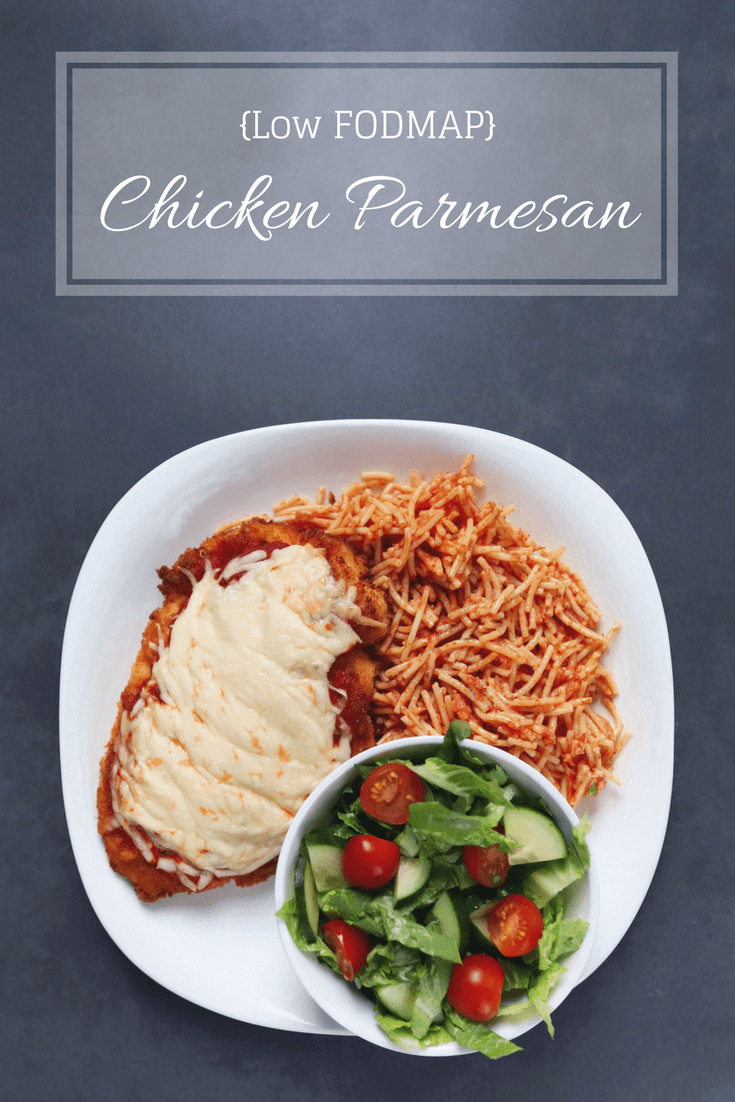 Low FODMAP Chicken Parmesan on plate with text overlay saying same