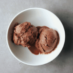 Two scoops of low FODMAP dark chocolate gelato in bowl