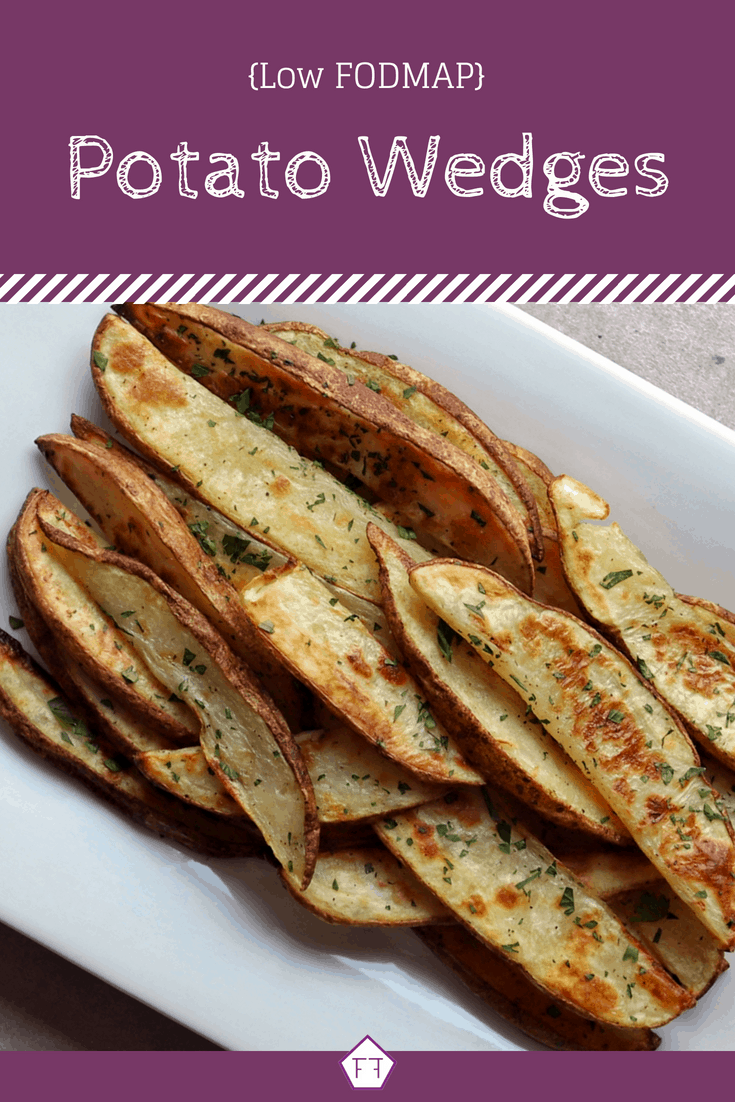 Low FODMAP Potato Wedges on plate with text overlay