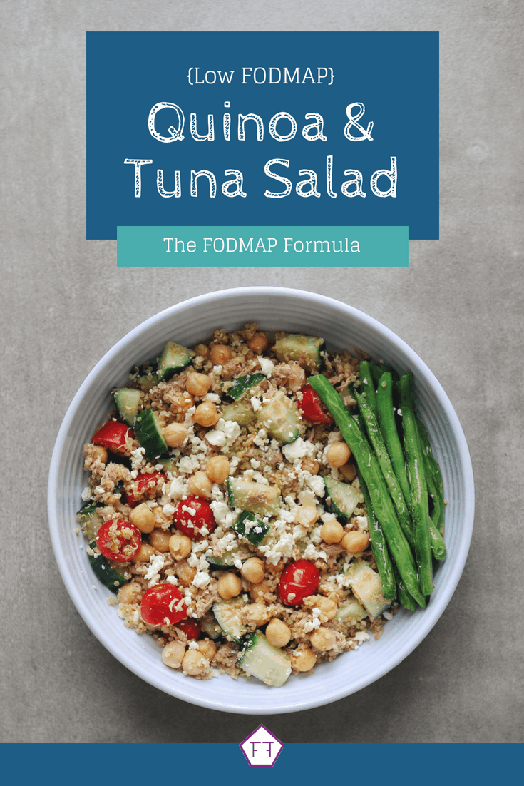 Low FODMAP Quinoa and Tuna Salad in bowl with side of green beans