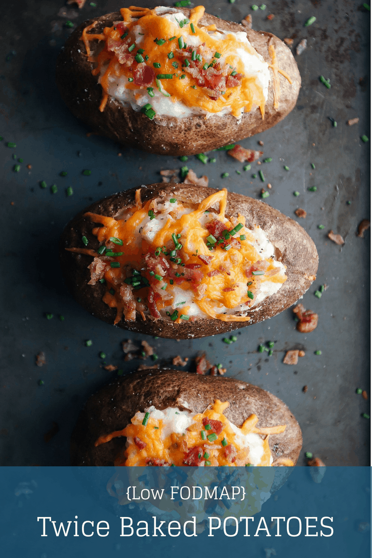 three low FODMAP twice baked potatoes on baking sheet