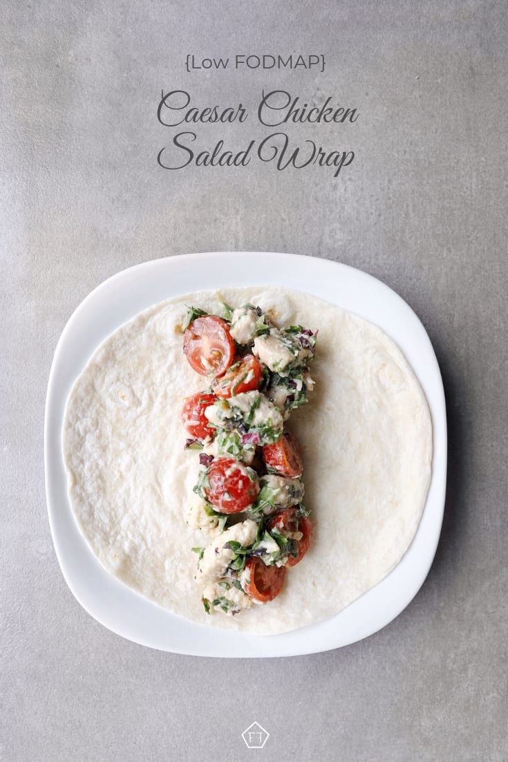 Low FODMAP Chicken Caesar Wrap on plate - Pinterest 1