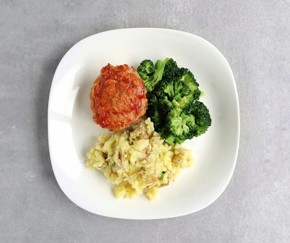 Low FODMAP mini meatloaves on plate with vegetables - 940 x 788