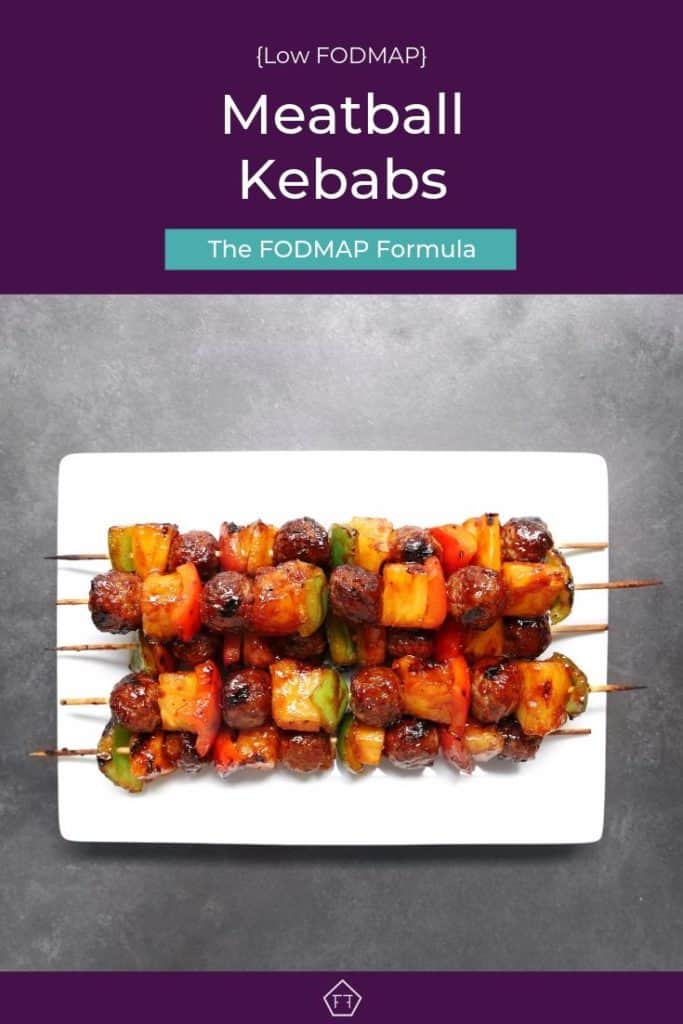 Low FODMAP meatball kebabs piled on plate with text overlay