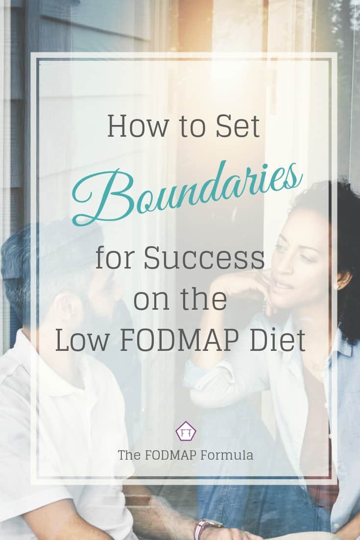 Two people speaking with text overlay: How to Set Boundaries for Success on the Low FODMAP Diet