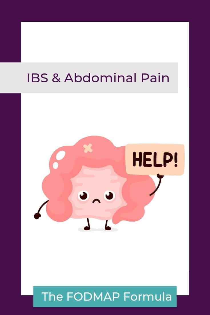 Illustration of intestines holding sign that says "help" with text overlay: IBS and Abdominal Pain