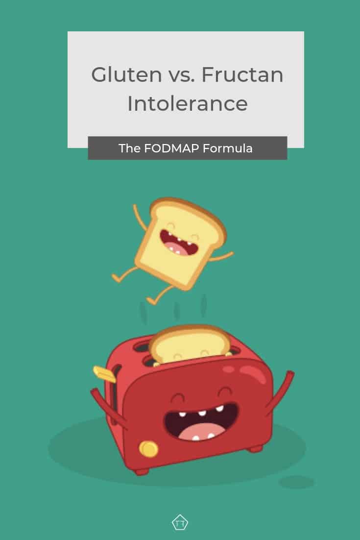 Illustration of happy toast flying out of toaster with text overlay: gluten vs. fructan intolerance