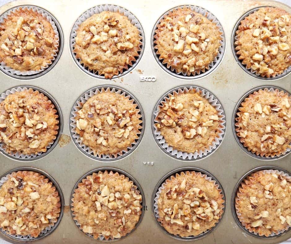 Low FODMAP Banana Walnut Muffins in silver muffin tray