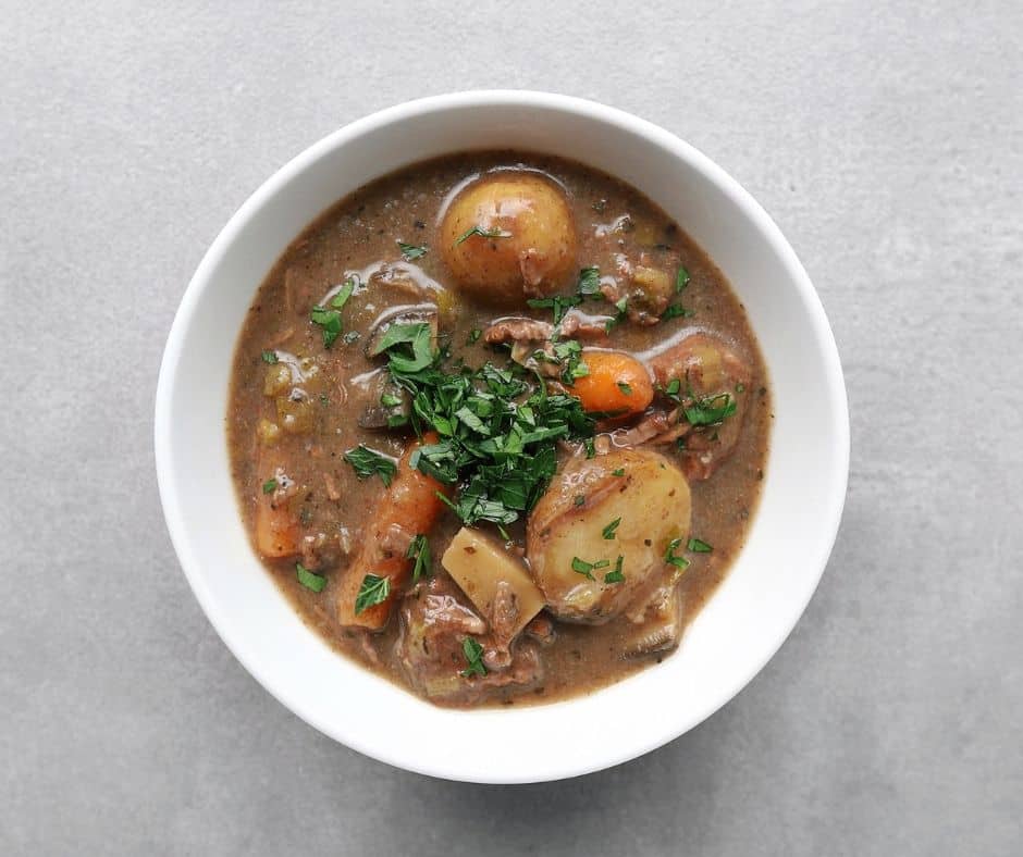 Low FODMAP beef stew in white bowl