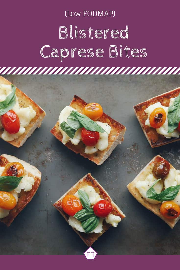 Low FODMAP Blistered Caprese Bites on Tray