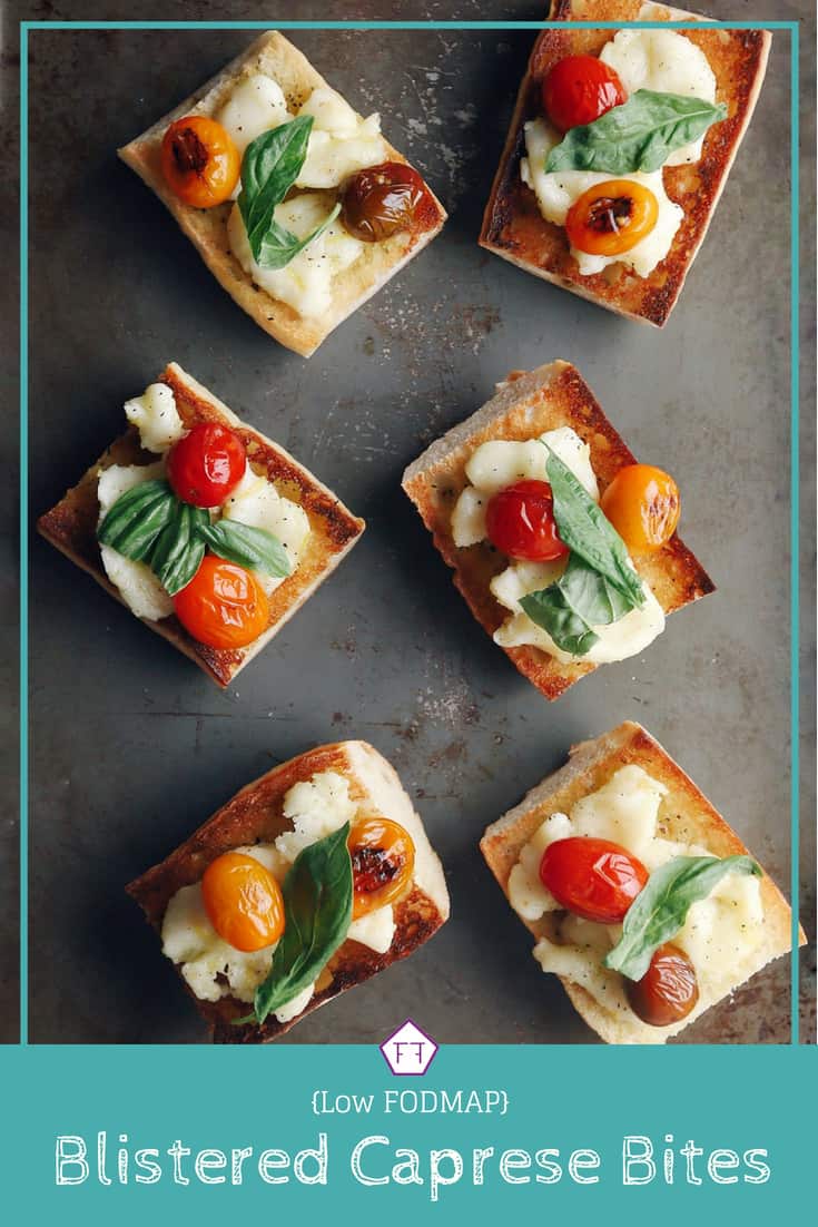 Low FODMAP Blistered Caprese Bites on Tray