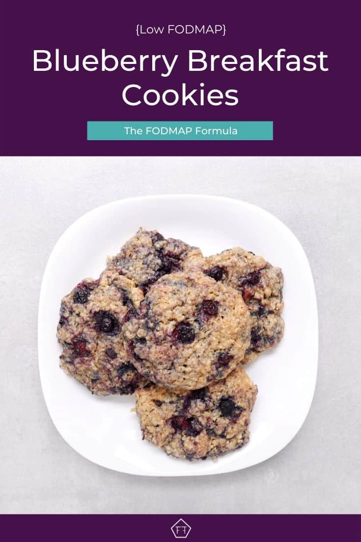 Blueberry breakfast cookies on white plate with text overlay: Low FODMAP Blueberry Breakfast Cookies