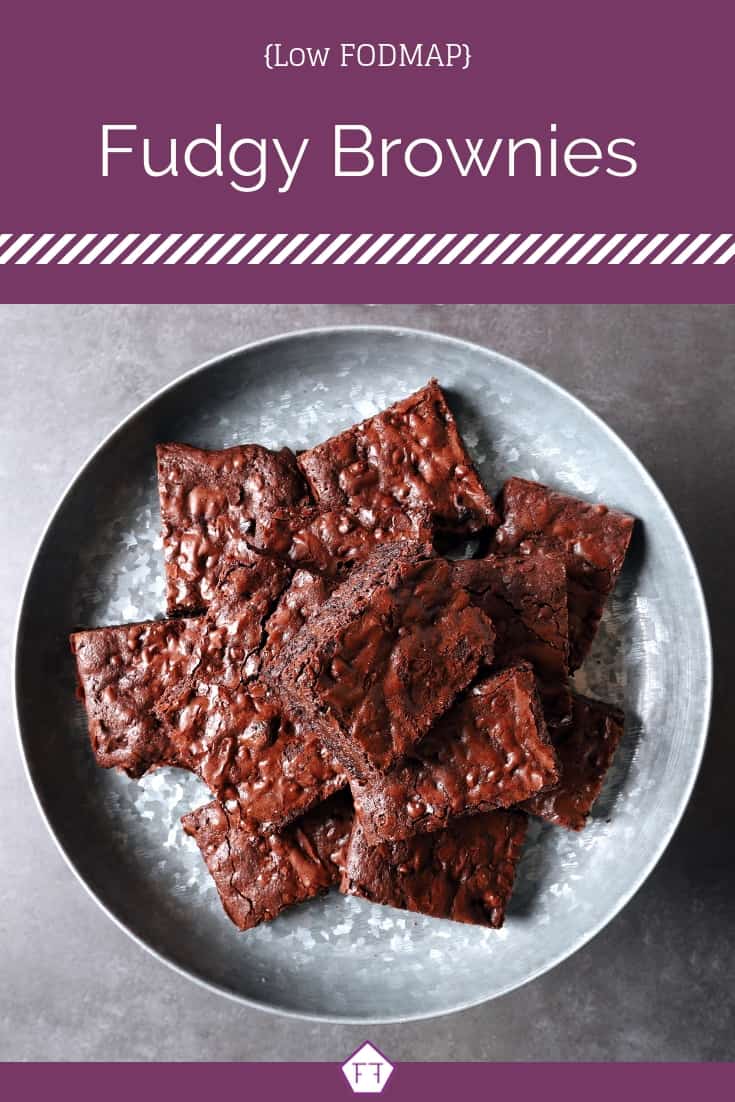 Low FODMAP brownies on metal serving dish - Pinterest 1