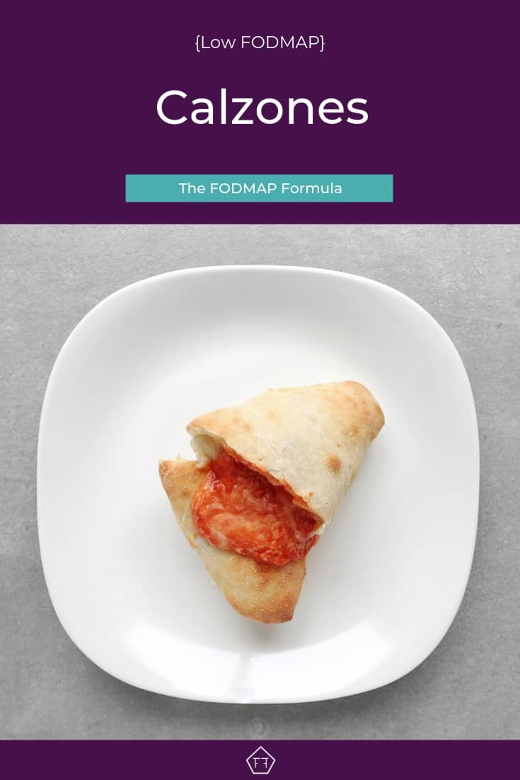 Low FODMAP calzone with melted cheese on plate - Pinterest 1