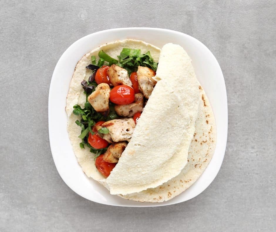 Open Low FODMAP Chicken Souvlaki on plate - 940x x788