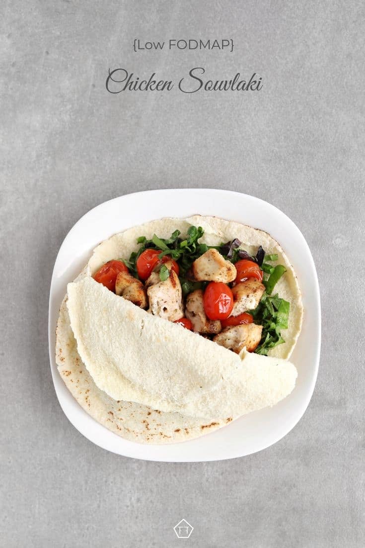 Open Low FODMAP Chicken Souvlaki on plate - Pinterest 4