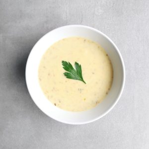 Low FODMAP Cream of Mushroom Soup in white bowl