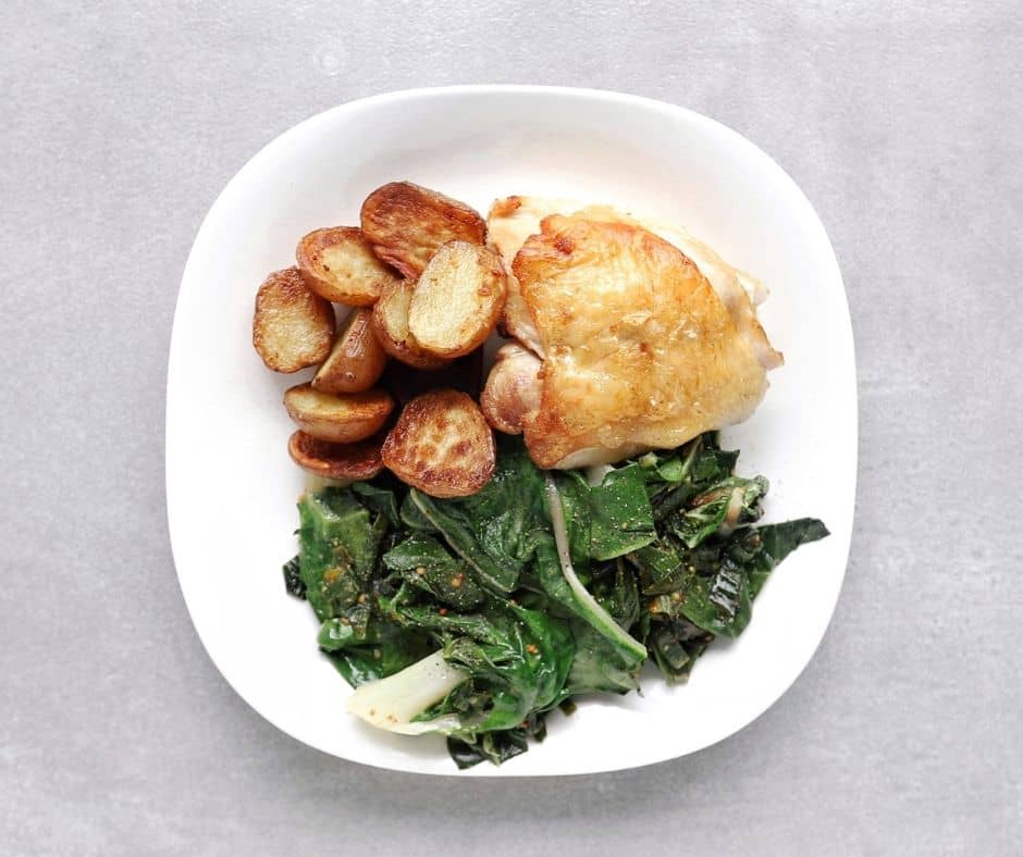 Low FODMAP crispy chicken thighs with roasted potatoes Swiss chard - 940 x 788