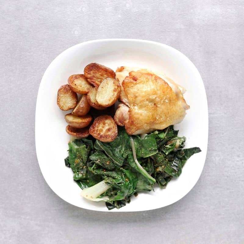 Low FODMAP crispy chicken thighs with roasted potatoes Swiss chard - Feature Image