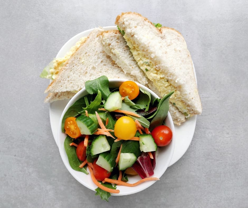 Low FODMAP Egg Salad Sandwich with garden salad - Facebook Post