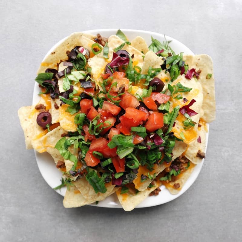 Low FODMAP Fully Loaded Nachos on Plate - 800 x 800