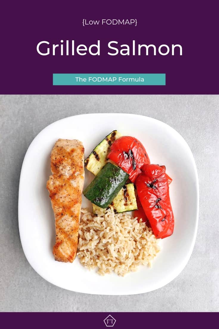 Low FODMAP grilled salmon with vegetables and rice on plate