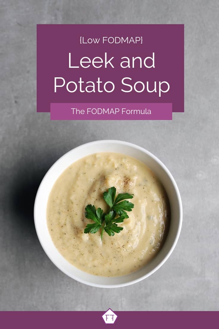 Low FODMAP leek and potato soup in white bowl with parsley garnish - Pinterest 1