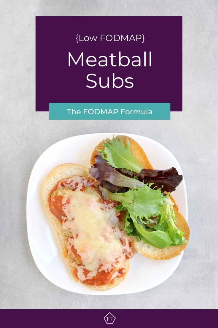 Low fodmap meatball sub on white plate with text overlay: Low FODMAP Meatball Subs