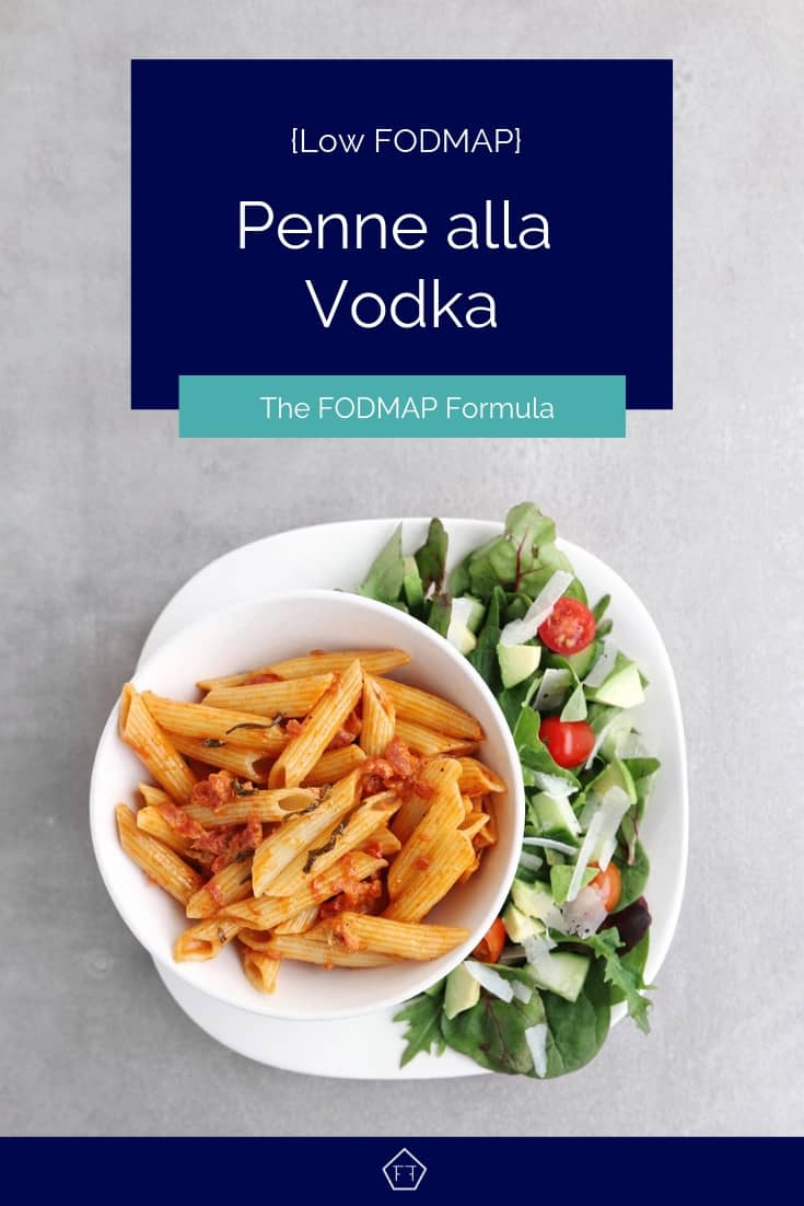 Low FODMAP penne alla vodka on plate with side salad - Pinterest 2