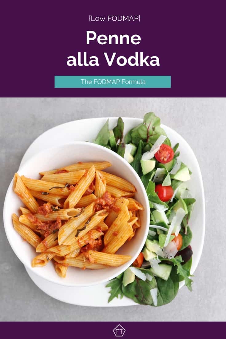 Low FODMAP penne alla vodka on plate with side salad - Pinterest 3