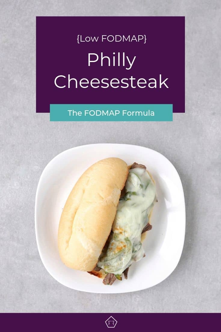 Low FODMAP Philly cheesesteak sandwich on plate - Pinterest 1