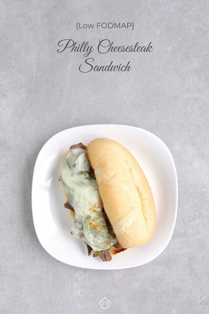 Low FODMAP Philly cheesesteak sandwich on plate - Pinterest 2