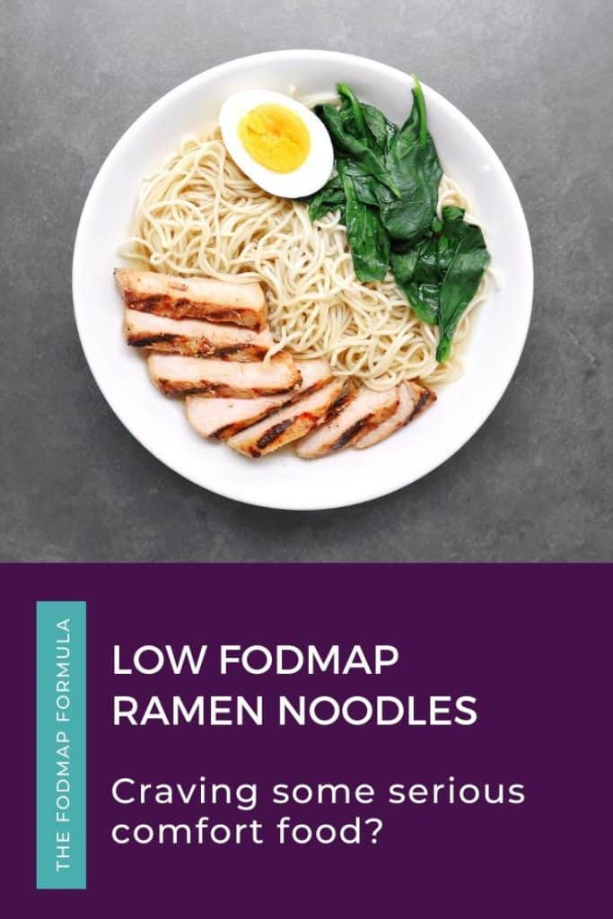 Low FODMAP Ramen in white bowl with text overlay