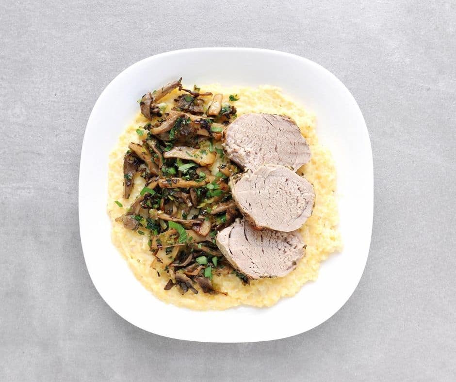 Low FODMAP Rosemary Pork Tenderloin with polenta and roasted mushrooms - 940 x 788